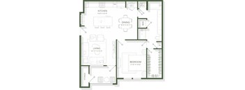A floor plan of a house with a kitchen, dining room, living room, and bedroom.