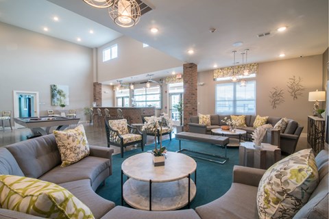 A living room with a grey couch and a coffee table.