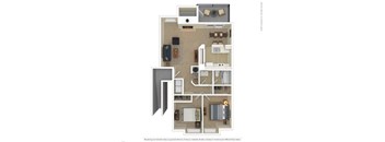 A floor plan of a two-bedroom apartment with a living room, kitchen, and bathroom.