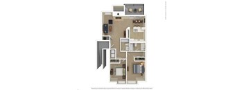 A floor plan of a house with a kitchen, living room, and two bedrooms.