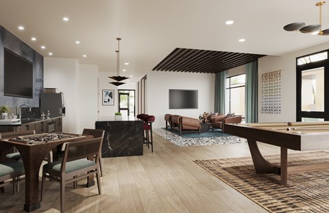 A modern living room with a pool table and a bar area.