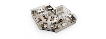 A 3D floor plan of a house with a kitchen, living room, and bathroom.