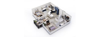 A 3D floor plan of a house with multiple bedrooms and bathrooms.