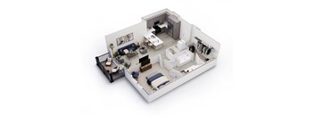 A 3D floor plan of a house with a living room, kitchen, and bedrooms.