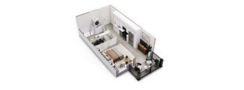 A 3D floor plan of a small apartment with a kitchen, living room, and bathroom.