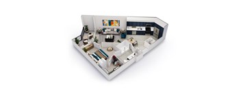 A 3D floor plan of a house with a living room, kitchen, and two bedrooms.