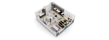 A 3D floor plan of a small apartment with a kitchen, living room, and bathroom.