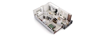 A 3D floor plan of a house with a kitchen, living room, and bathroom.