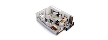 A 3D rendered image of a modern apartment layout.