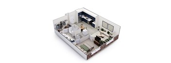 A 3D floor plan of a house with a kitchen, living room, and bedrooms.