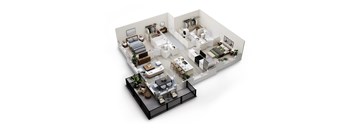 A 3D model of a small apartment with a bedroom, living room, kitchen, and bathroom.