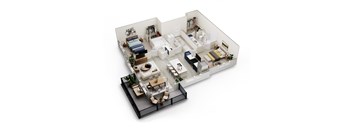 A 3D floor plan of a house with a living room, dining room, kitchen, and bedrooms.