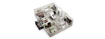 A 3D model of a house with a kitchen, living room, and bedrooms.