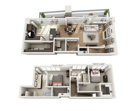 A floor plan of a two-bedroom apartment with dimensions 12'11" x 14'7" and 10'11" x 9'9".