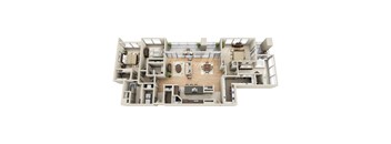A 3D floor plan of a house with a living room, kitchen, and multiple bedrooms.