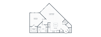 A floor plan of a house with a bedroom, bathroom, kitchen, pantry, and walk-in closet.