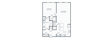 A floor plan of a house with a bedroom, living/dining area, kitchen, pantry, bathroom, and an island.
