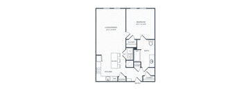 A floor plan of a small apartment with a living room, bedroom, kitchen, and bathroom.