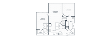 A floor plan of a house with two bedrooms, a living room, a kitchen, a bathroom, an entry, a pantry, and an island.