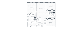 A floor plan of a living space with a kitchen, pantry, and three bedrooms.