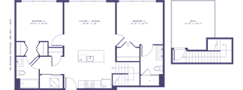A floor plan of a building with multiple rooms and labeled areas.