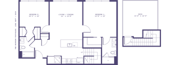 A floor plan of a building with multiple rooms and corridors.