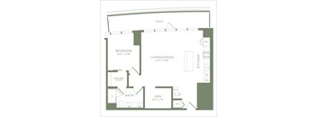A floor plan of a room showing a bedroom, bathroom, living area, kitchen, and den.