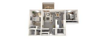 a 3d rendering of a bedroom with a bathroom and a living room