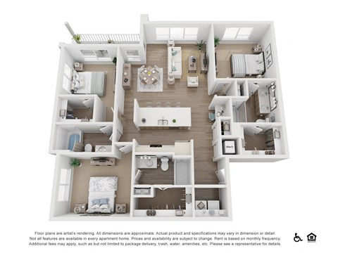 a 3d floor plan of a 3 bedroom apartment