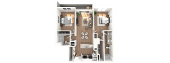 A 3D floor plan of a small apartment with two bedrooms, a living room, and a kitchen.