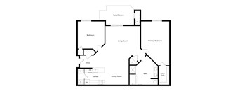 A floor plan of a house with a living room, dining room, kitchen, two bedrooms, a bathroom, and a walk-in closet.
