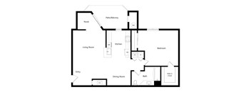 A floor plan of a house with a living room, dining room, kitchen, bedroom, bathroom and walk-in closet.