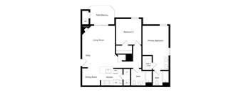 A floor plan of a house with a living room, dining room, kitchen, two bedrooms, a bathroom, a walk-in closet, and a patio/balcony.