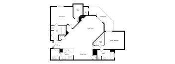 A black and white floor plan of a house with a living room, dining room, kitchen, two bedrooms, a bath, an entry, a patio, and a balcony.