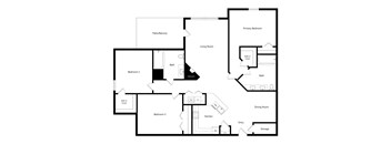 A floor plan of a house with a primary bedroom, a living room, a dining room, a kitchen, and three bedrooms.