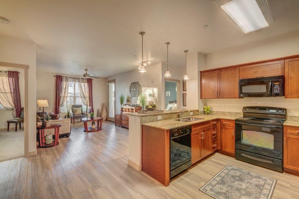 large kitchen with black appliances, dark cabinets, wood style flooring, into open living spaces