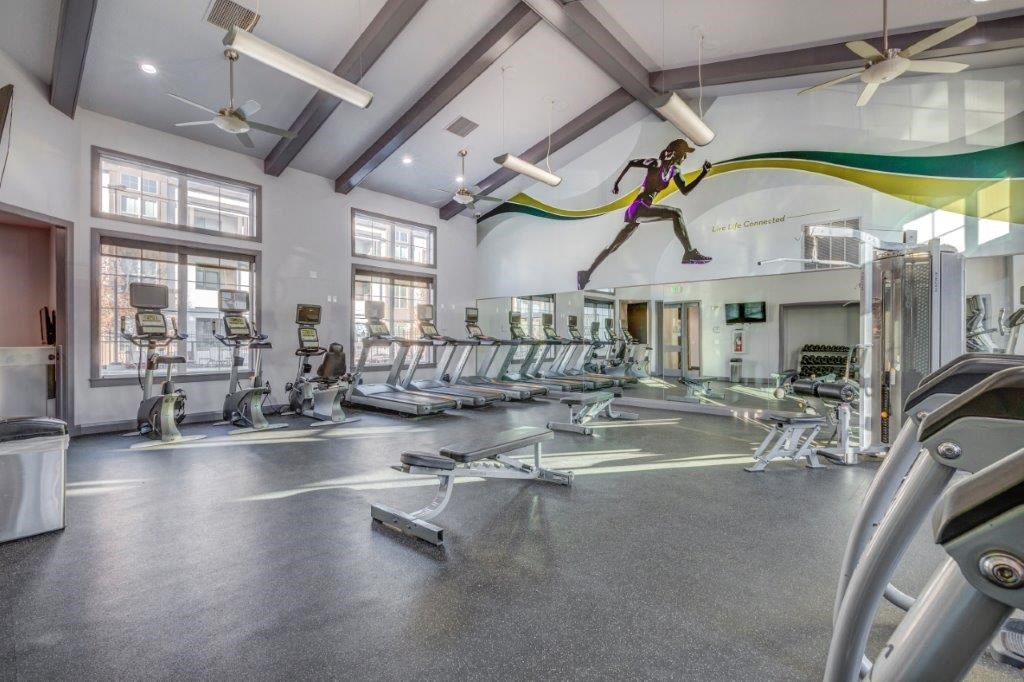 Large fitness center with concrete flooring and ceiling fans. Weight benches, yoga balls, and cardio machines