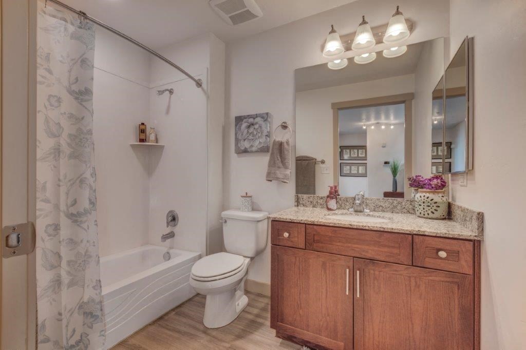Bathroom with large counters, garden style tub