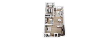 A top-down view of a small apartment with a kitchen, living room, and bathroom.