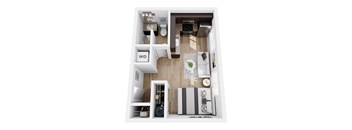 A top down view of a small apartment with a kitchen, living room, and bathroom.