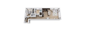 A white floor plan of a house with a kitchen, living room, and bedrooms.