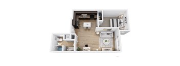 A top-down view of a small apartment with a kitchen, living room, and bathroom.
