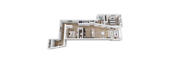 A white floor plan of a house with a kitchen, living room, and bedrooms.