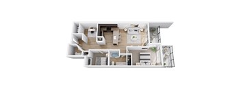 A top-down view of a modern apartment layout.