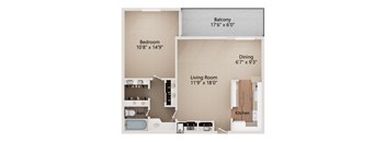A floor plan of a home with a balcony, bedroom, dining area, living room, kitchen, bathroom, and a mechanical area.