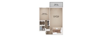 A diagram of a small apartment layout with a bedroom, bathroom, kitchen, and living/dining area.