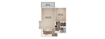 A floor plan of a small apartment with a living/dining area, kitchen, bedroom, and bathroom.