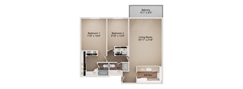 A floor plan of a small apartment with a living room, two bedrooms, a kitchen, and a bathroom.