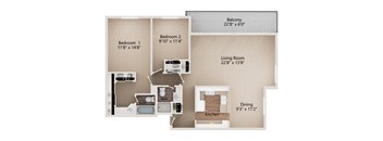 A floor plan of a two bedroom apartment with a living room, kitchen, dining area, and two bathrooms.