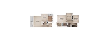 A floor plan of a house with two bedrooms, a living room, a dining room, a kitchen, a patio, and a garage.